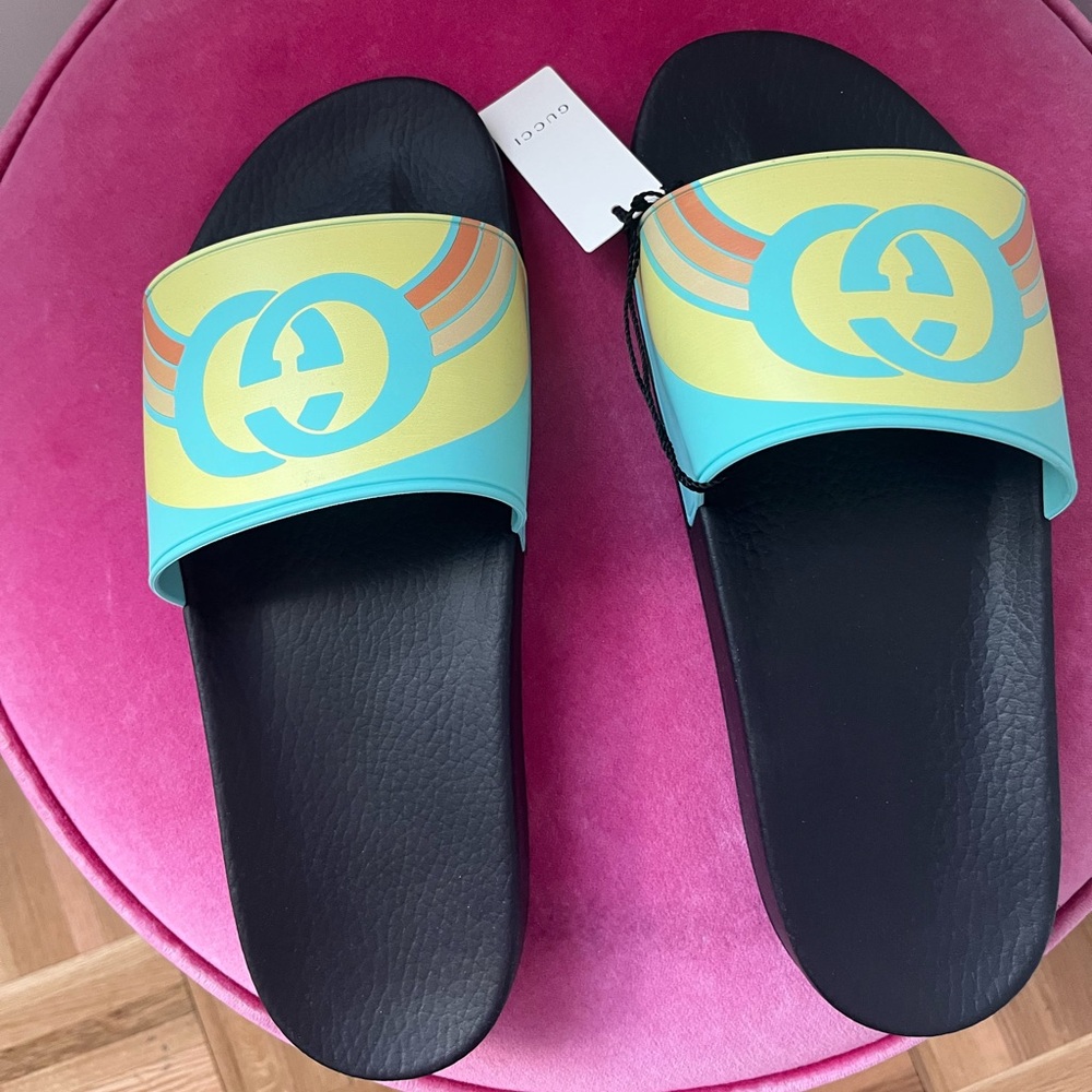 Rubber GG Rainbow Mens Pursuit Pool Slide Sandals in Aquamarine